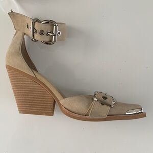 Jeffrey Campbell x Anthropologie | Emilia Beige Suede Metal Toe Booties | Sz 10